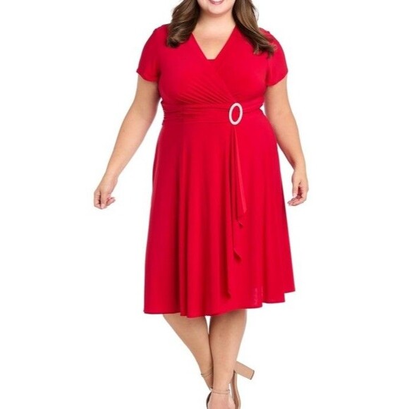 R&M Richards Women’s Plus Sz 22 Red Short Sleeve Cascade Dress Christmas Holiday - Picture 1 of 6
